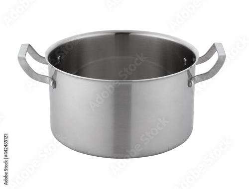 modern classic cookware product like new technology pan fry, big soup pot, rack and spatula on white background utensil for kitchen 