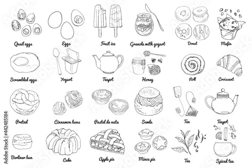 Vector food icons. Colored sketch of food products. Baking, sweets, eggs, tea © vaneeva