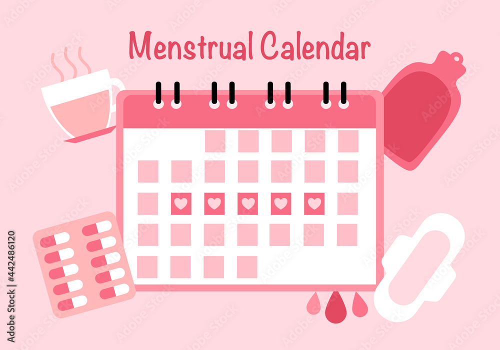 Menstrual calendar with sanitary napkin, medicine, tea drink and hot