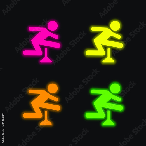 Athlete Jumping Silhouette four color glowing neon vector icon