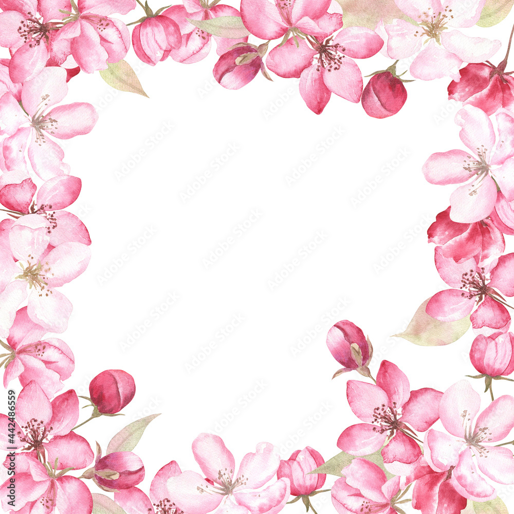 Floral square frame of apple blossom painted in watercolor, on white isolated background. Fresh and romantic artwork for cards, invitations, wedding decor.