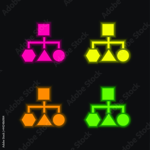 Block Scheme Of Geometrical Shapes four color glowing neon vector icon