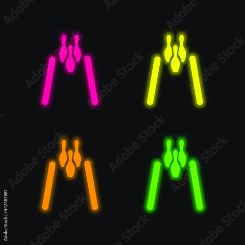 Bowling four color glowing neon vector icon