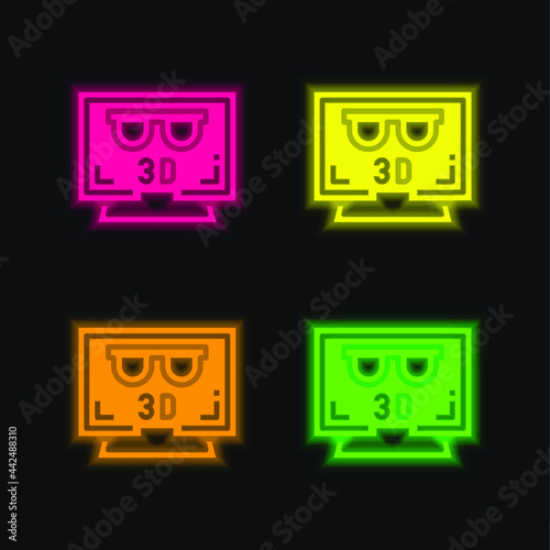 3d Movie four color glowing neon vector icon