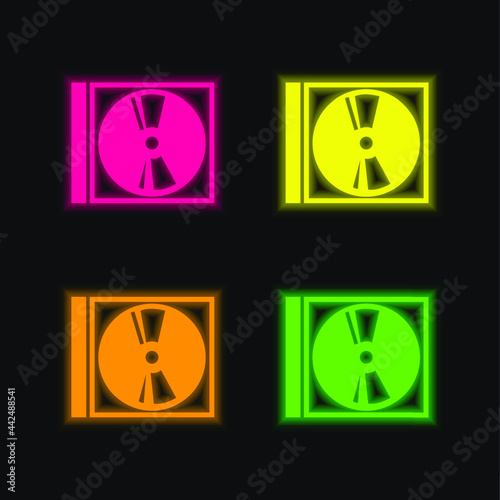 Audio Disc With Case four color glowing neon vector icon