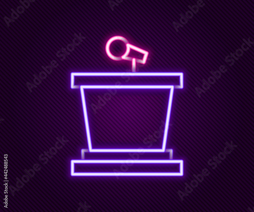 Glowing neon line Stage stand or debate podium rostrum icon isolated on black background. Conference speech tribune. Colorful outline concept. Vector