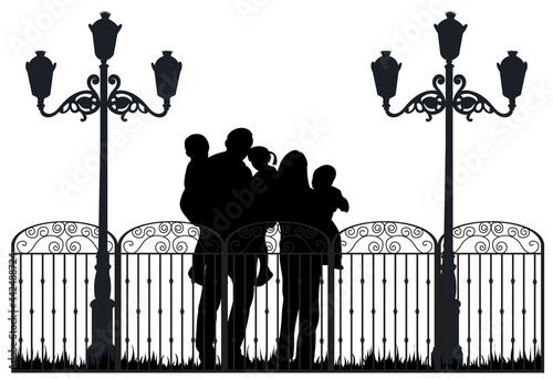 silhouette family, fence, lantern, isolated