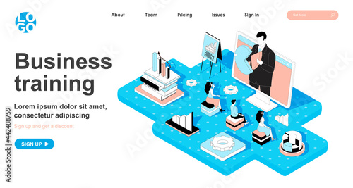 Business training isometric concept. Coach teaches company employees, professional development courses, education line flat isometry web banner. Vector illustration in 3d design for landing page