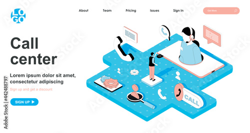 Call center isometric concept. Operator answers customer calls, technical support hotline, online consultations, line flat isometry web banner. Vector illustration in 3d design for landing page