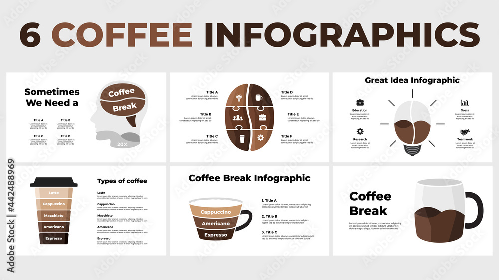 heroin salt Såvel Coffee break Infographics pack. Vector slide template. Creative  illustration with coffee bean, human head brain, light bulb and cups.  Generating idea brainstorm process. Stock Vector | Adobe Stock