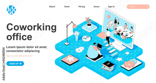 Coworking office isometric concept. Business meeting of company employees, freelancer works in open office workplace, line flat isometry web banner. Vector illustration in 3d design for landing page