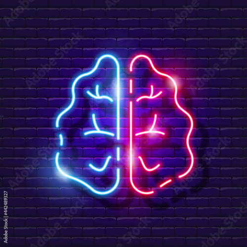Left and right hemispheres brain neon sign. Creative and logical brain hemisphere glowing icon. Vector illustration for design. Brainstorming concept.