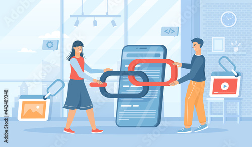 Link building between website pages. Search engine optimization concept, SEO. People holding chain on bowser window. Flat cartoon vector illustration with people characters for banner, website