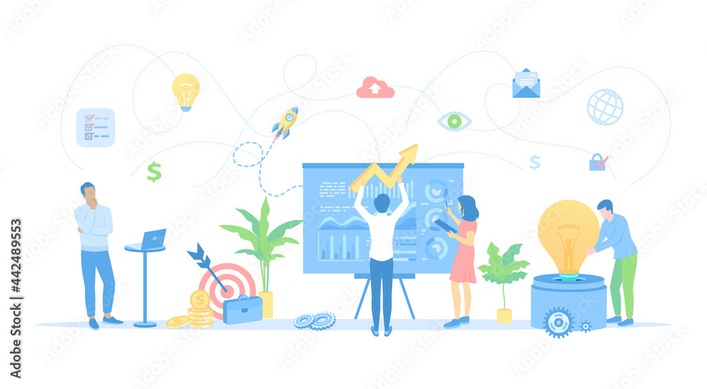Idea Business Concept, Project Startup, Financial planning, Strategy, Realization and Success. A team of people with a big light bulb. Vector illustration flat style. Idea Business Concept, Project Startup, Financial planning, Strategy, Realization and Success. A team of people with a big light bulb. Vector illustration flat style.