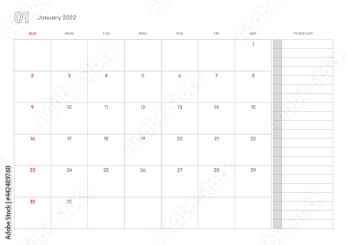 Simple january 2022 calendar template illustration.
