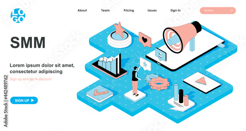 SMM isometric concept. Social media marketing. Promotion and advertising in social networks, success online strategy, line flat isometry web banner. Vector illustration in 3d design for landing page