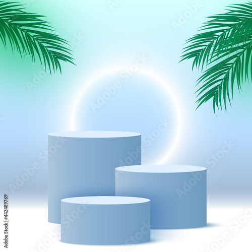 Blank blue podium with palm leaves and glowing ring. Pedestal. Cosmetic products display platform. 3d render stage. Exhibition stand. Vector illustration.