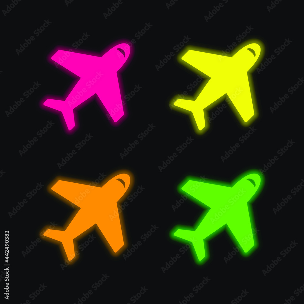 Airplane From Top View four color glowing neon vector icon Airplane From Top View four color glowing neon vector icon