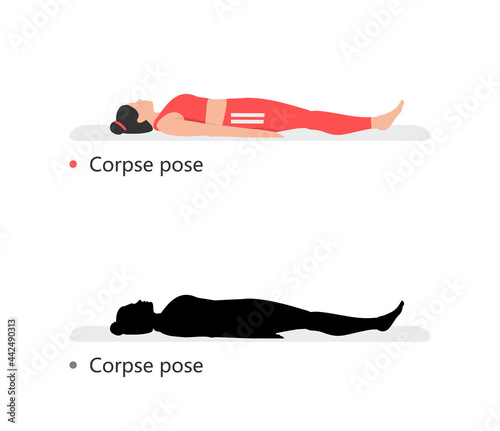 Young sporty woman practicing yoga, Corpse pose. flat style. isolated on black background 