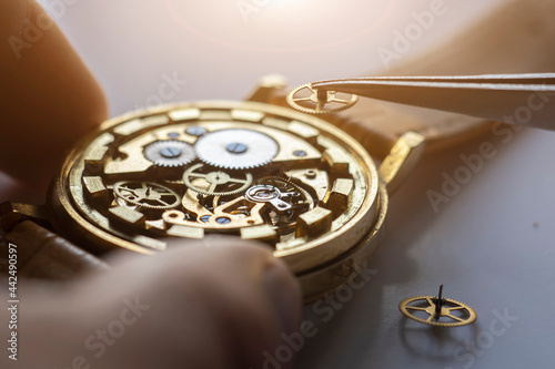 Watchmaker repair mechanical watches. Gears repair. Watch repair process