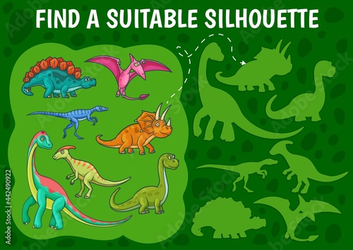 Cartoon dinosaurs, find dino silhouette kids game