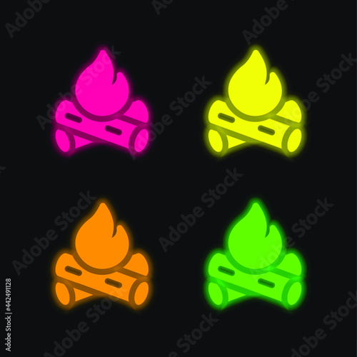 Bonfire four color glowing neon vector icon