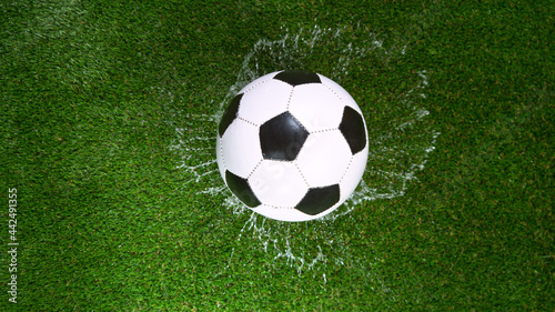 Close-up of Falling Soccer Ball on Green Grass, Water Splash. Top down view.