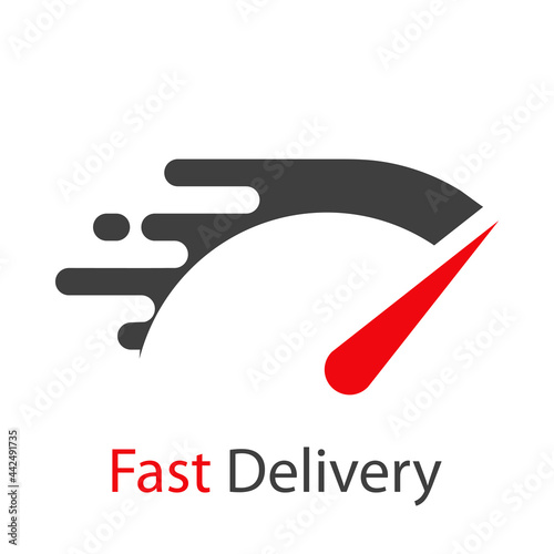 Logo de entrega urgente. Icono de velocímetro con líneas de velocidad y texto Fast Delivery para servicio, pedido, envío rápido y gratuito