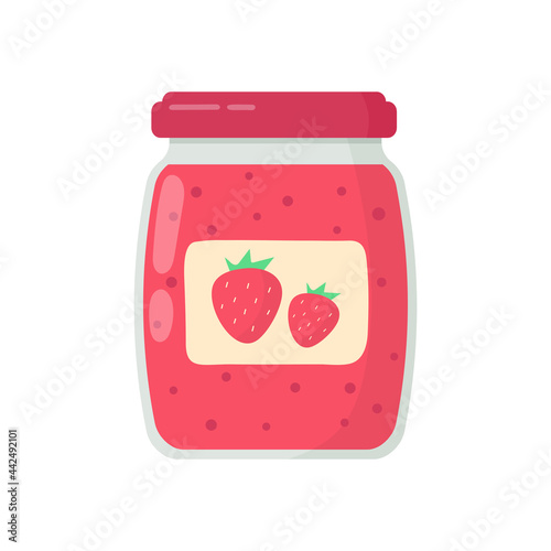 Glass jar of strawberry jam isolated on white background. Vector illustration