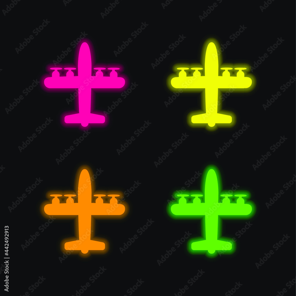 Airplane With Four Propellers four color glowing neon vector icon Airplane With Four Propellers four color glowing neon vector icon