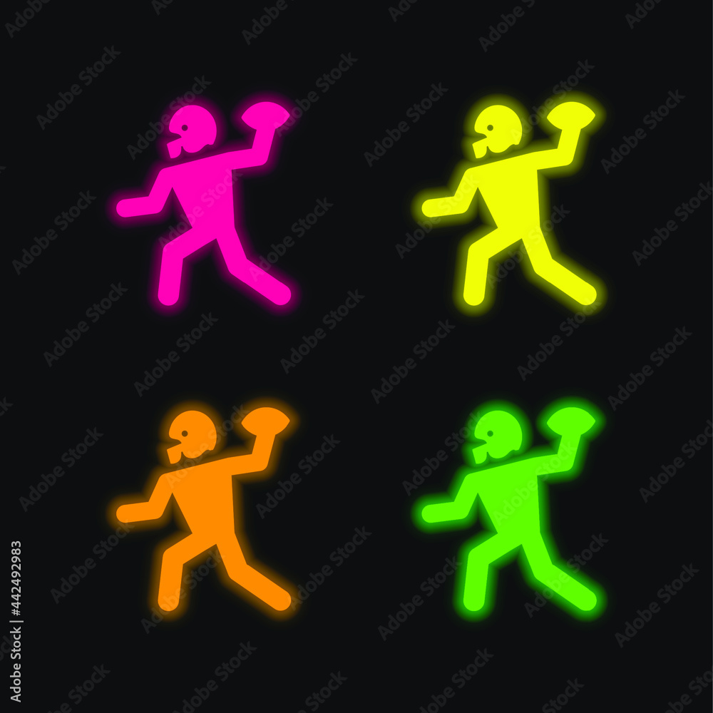 American Football Player Playing Throwing The Ball In His Hand four color glowing neon vector icon American Football Player Playing Throwing The Ball In His Hand four color glowing neon vector icon