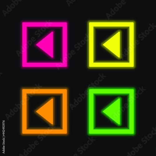 Back Triangular Arrow Square Button Outline four color glowing neon vector icon