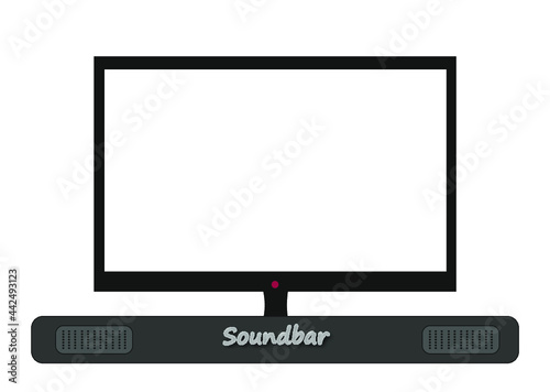 Grafika przedstawiająca telewizor LCD wraz z głośnikiem zewnętrznym, tak zwanym soundbarem.