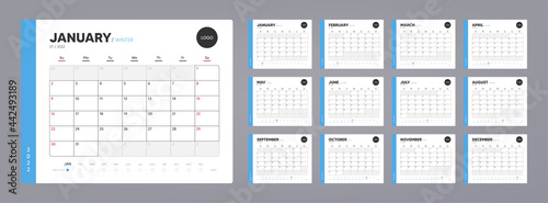 Calendar organizer template for 2022 year. Annual diary planner schedule design. Corporate calendar, business planner. 2022 calendar for events. Holiday diary template. Week starts on Sunday. Vector photo