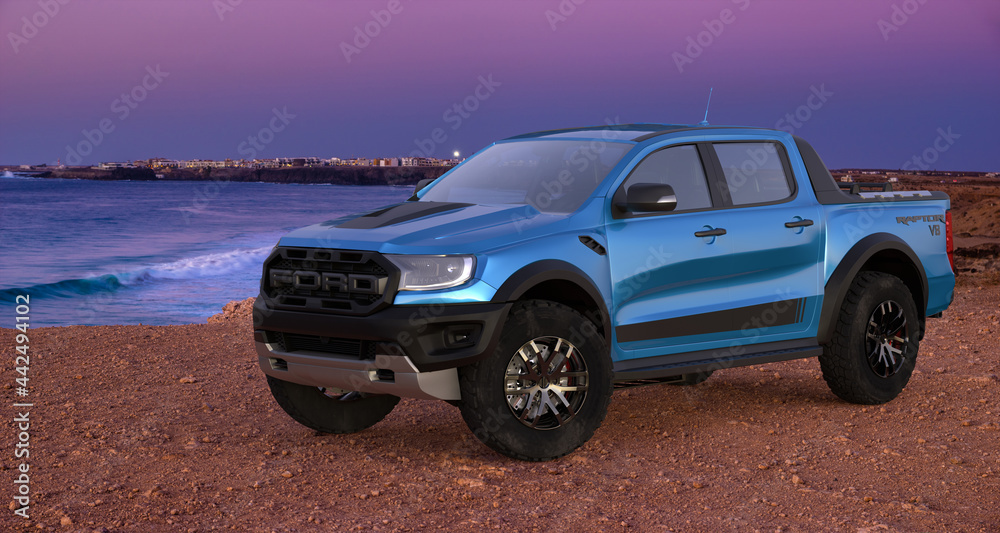 Ford Ranger Raptor on an ocean cliff after sunset Stock Photo | Adobe Stock