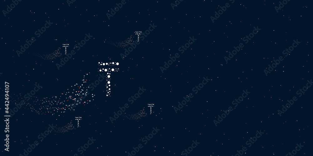 Fototapeta premium A tenge symbol filled with dots flies through the stars leaving a trail behind. Four small symbols around. Empty space for text on the right. Vector illustration on dark blue background with stars