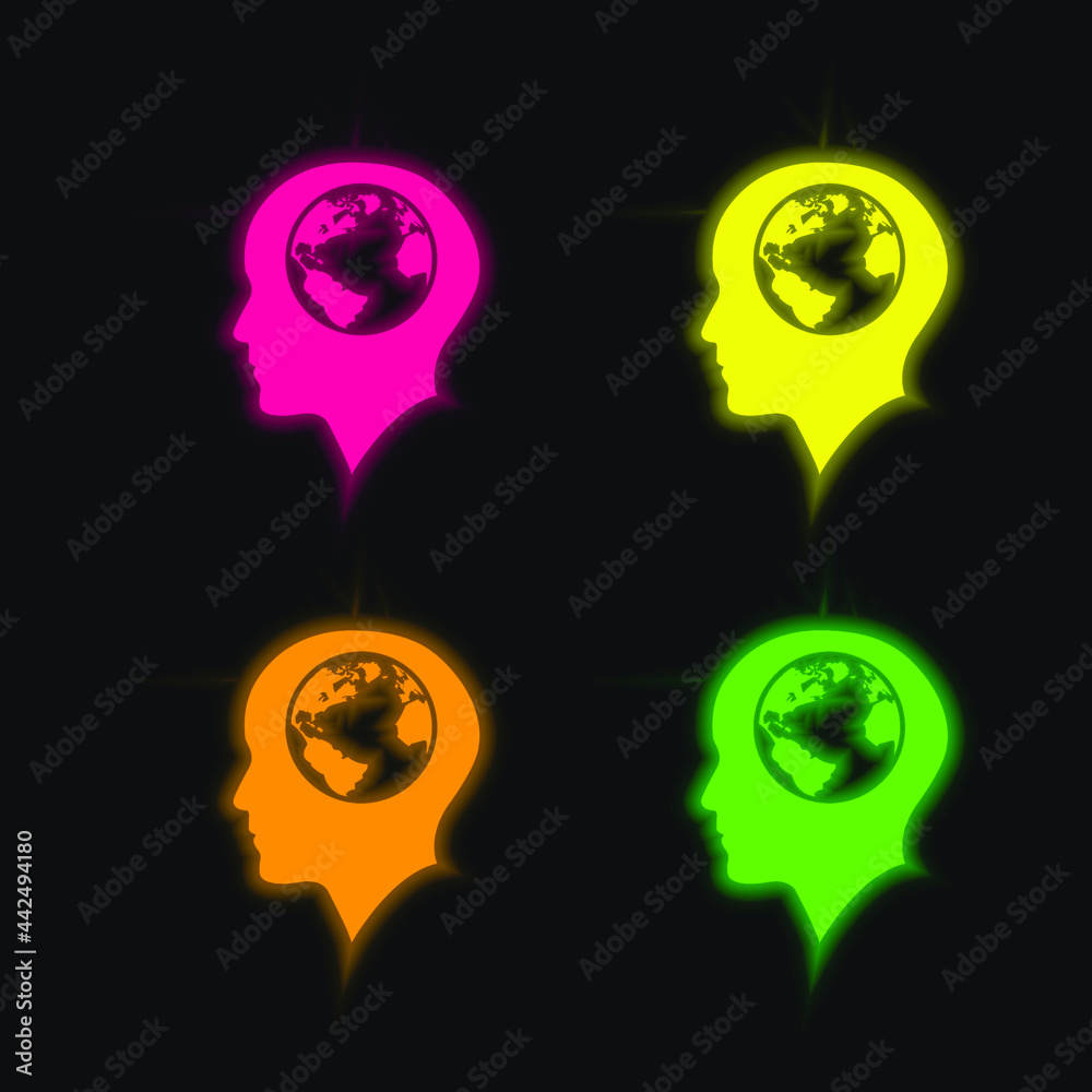 Bald Male Head With Earth Globe Inside four color glowing neon vector icon