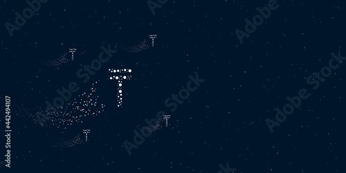 A tenge symbol filled with dots flies through the stars leaving a trail behind. Four small symbols around. Empty space for text on the right. Vector illustration on dark blue background with stars