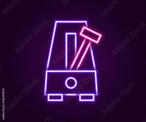 Glowing neon line Classic Metronome with pendulum in motion icon isolated on black background. Equipment of music and beat mechanism. Colorful outline concept. Vector