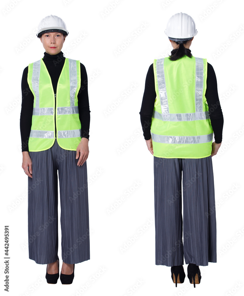 LGBTQIA+ Woman Engineer safety suit hard hat isolated white background LGBTQIA+ Woman Engineer safety suit hard hat isolated white background