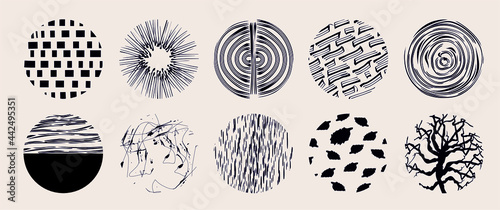 Circle textures with hand drawn textures made with ink pencil brush geometric patterns of spots dots strokes stripes lines © Alyona