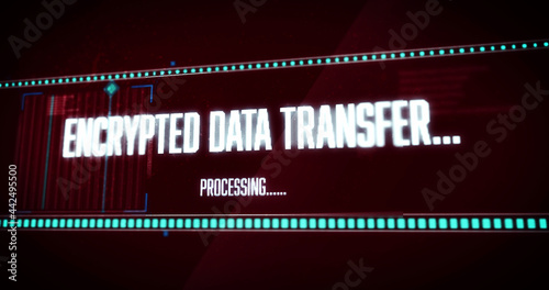 Image of encrypted data transfer processing text flashing digital interface