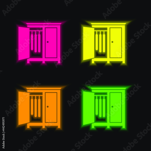 Bedroom Closet With Opened Door Of The Side To Hang Clothes four color glowing neon vector icon