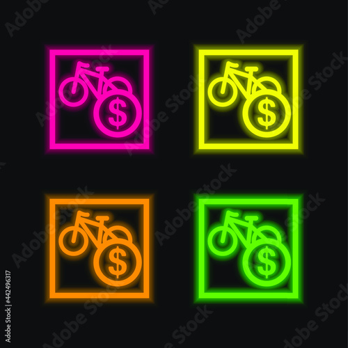 Bikes Sale Sign In Dollars four color glowing neon vector icon