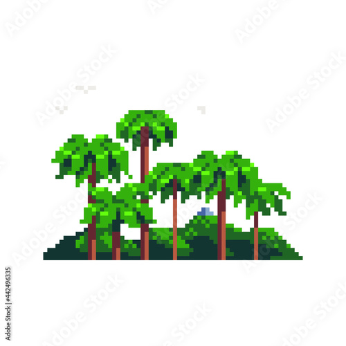 Travel on a paradise island, design template for postcard or invitation, greeting card, banner. Summer time holidays vacation. Palm trees and sun. Pixel art style. Isolated vector illustration. 8-bit.