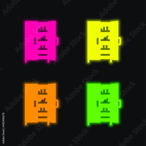 Bookshelf With Doors four color glowing neon vector icon