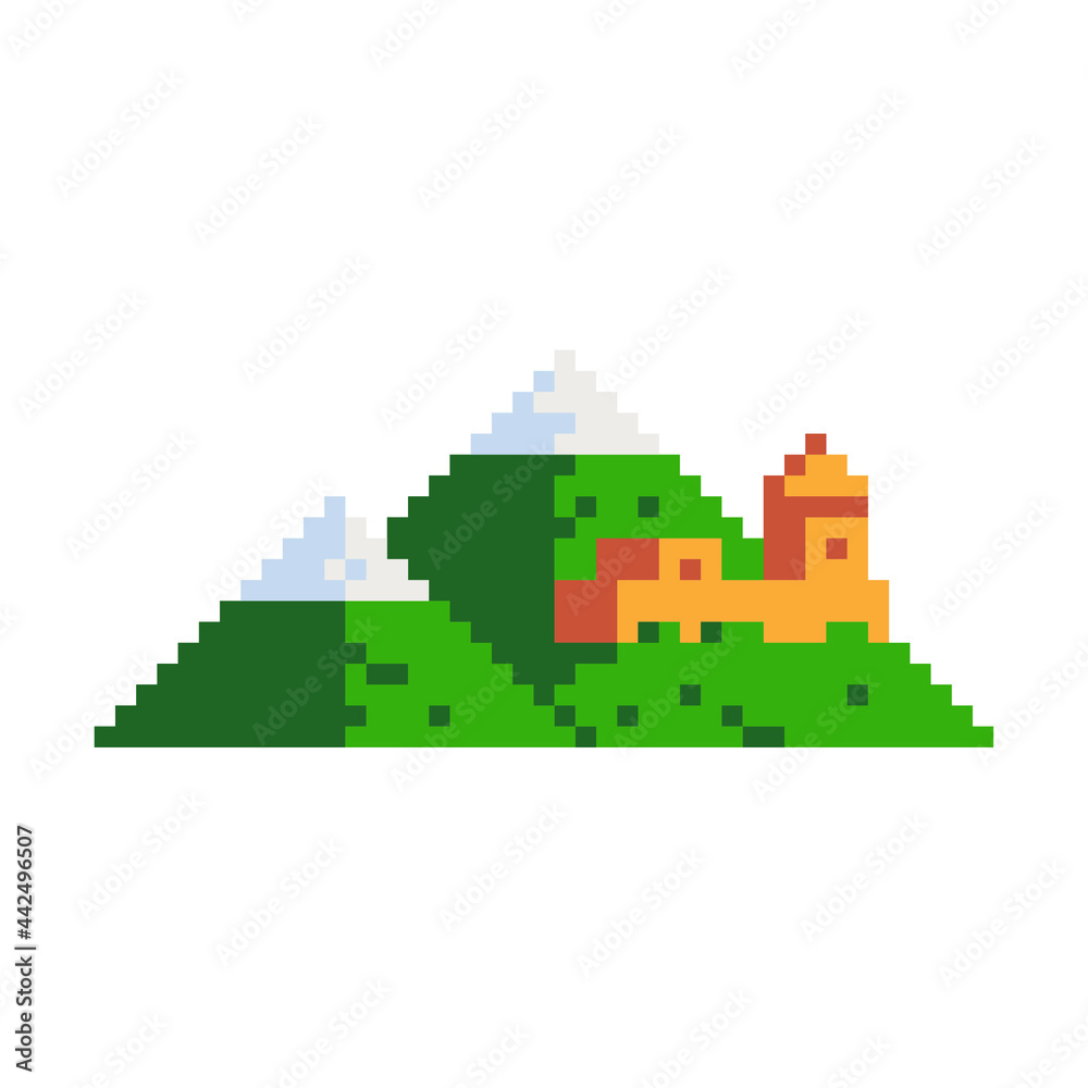 Caucasus mountains landscape and fortress pixel art icon isolated vector illustration. 8-bit sprite. Design stickers, logo, mobile app.