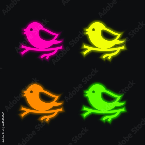 Bird On Branch four color glowing neon vector icon