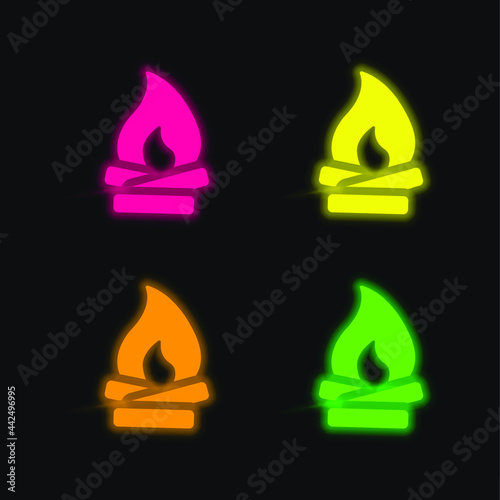 Bonfire four color glowing neon vector icon