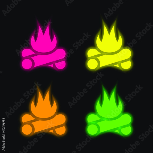 Bonfire four color glowing neon vector icon